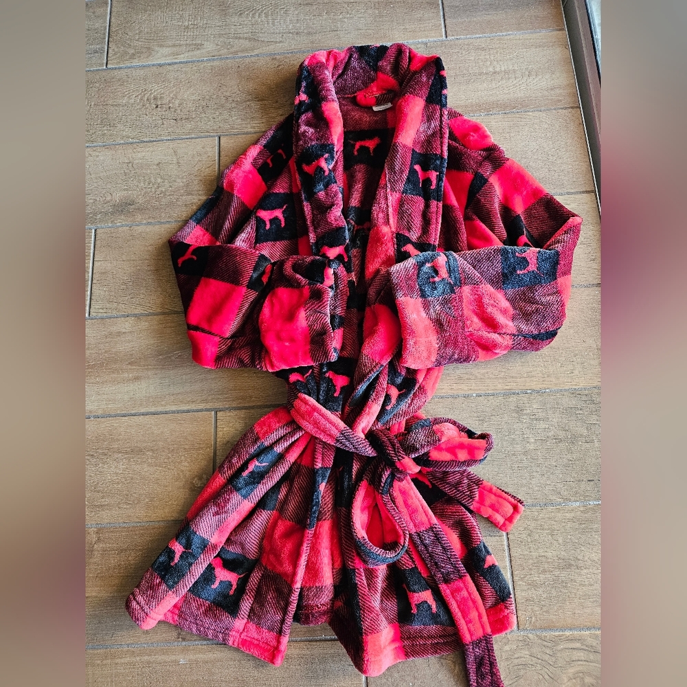 VICTORIA'S SECRET PINK Buffalo Plaid Dog Logo Plush Bath Robe Wrap Belt M/L